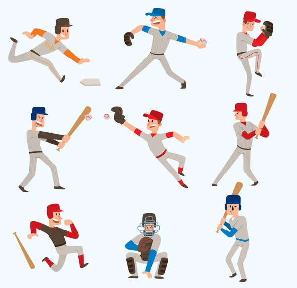 Baseball team players vector sport man in uniform game poses baseball poses situation professional league sporty character winner illustration boy competition adult athlete person — Stock Vector