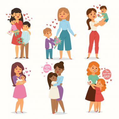 Çiçek buketi anne ve çocuk çocuklarla kalp çiftler seviyorum. Anneler, Sevgililer günü veya kadının 8 Mart günü. Bahar ya da yaz aile tatil güzel kadın karakter anneler günü kutlama mevcut