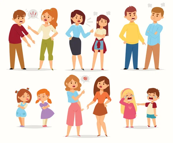 Quarrel conflict stress couples character vector people with arguing quarrel screaming people in different situations in flat style and illustration. — Stock Vector
