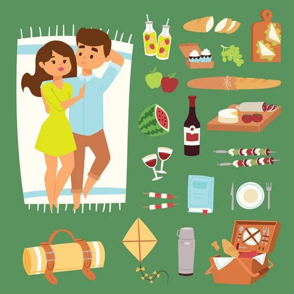 Barbecue estate pic-nic mentire uomo e donna bella coppia icone vettoriali. Coppia adulta su pic-nic barbecue plaid icone all'aperto romantica estate o primavera pic-nic cibo vettore illustrazione . — Vettoriale Stock