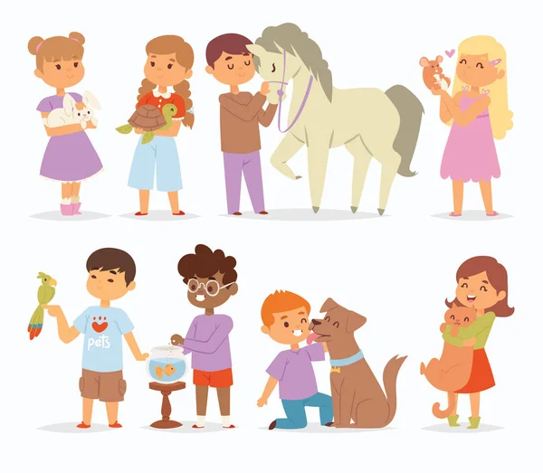 Bébé vecteur de dessin animé enfants personnages caressant petit animal de compagnie et gentil enfant tenir étreinte maison animaux animaux adorables amis comme cheval poney, chat, chien, oiseau dans le zoo animaux amitié illustration — Image vectorielle