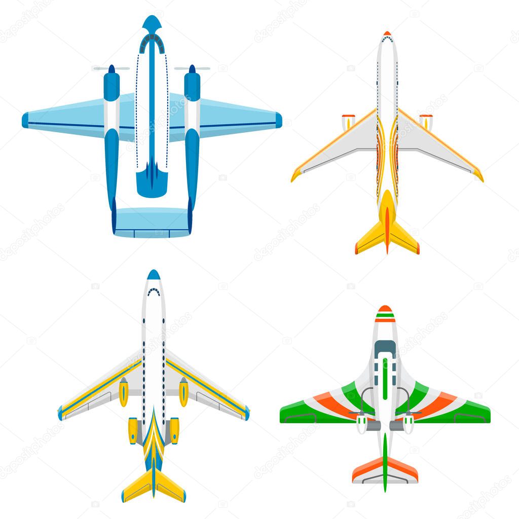 Vector airplane illustration plane top view and aircraft transportation travel way design journey airplane speed plane aviation.