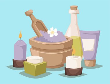 Spa vektör simgeler tedavi güzellik yordamlar sağlık spa masaj Bitkisel Kozmetik aroma spa havlu ve lotus çiçek illüstrasyon taşlar.