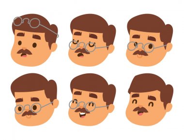 Bıyıklı adam kafa vektör karakter saç hipster kıvırcık sakallı Kuaför ve beyefendi sembolü moda yetişkin insan yüz verdi illüstrasyon.