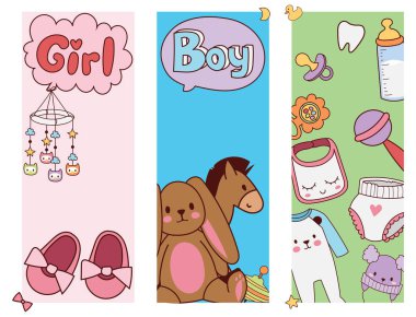 Baby toys banner cartoon family kid toyshop design cute boy and girl childhood art diaper drawing graphic love rattle fun vector illustration. clipart