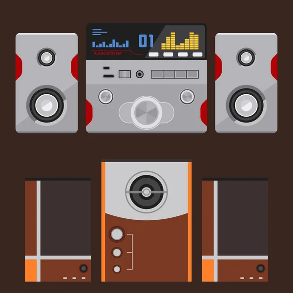 Système de son acoustique stéréo plat vecteur musique haut-parleurs lecteur subwoofer équipement technologie . — Image vectorielle