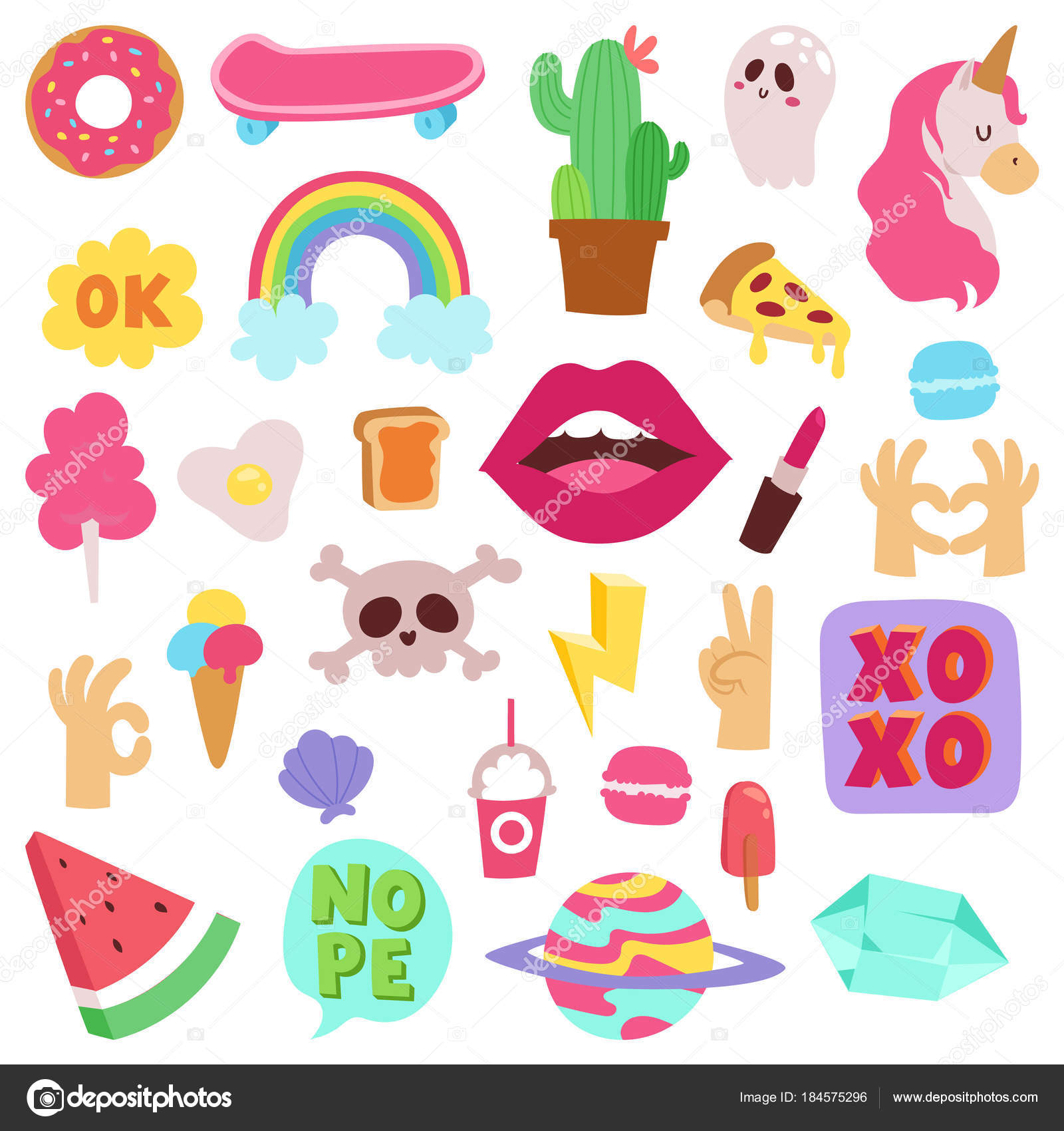 Girl fashion symbols vector stickers patches cute colorful badges fun