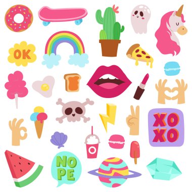Kız moda sembolleri vektör Etiketler yamalar şirin renkli rozetleri eğlenceli karikatür simgeleri midilli, boynuz at, dudaklar, aşk ve tasarım doodle öğe trendy kız modern hipster simgeler yazdırma illüstrasyon öp