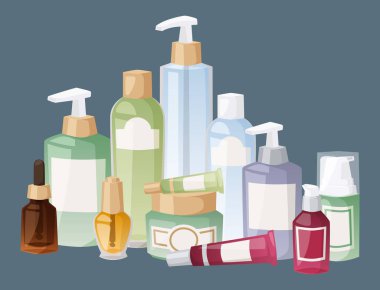 Kozmetik losyon makyaj güzellik plastik sıvı krem konteyner sıvı paketi şişe illüstrasyon vektör.