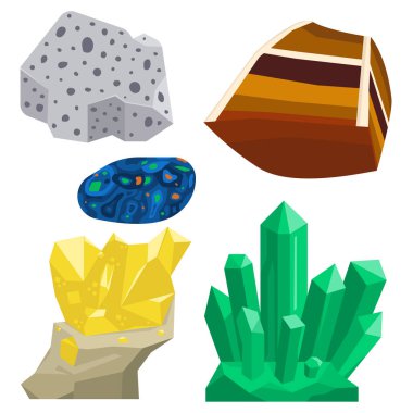 Yarı değerli taşlar taş ve mineral taş izole zar renkli parlak kristal mineral mücevher illüstrasyon vektör.