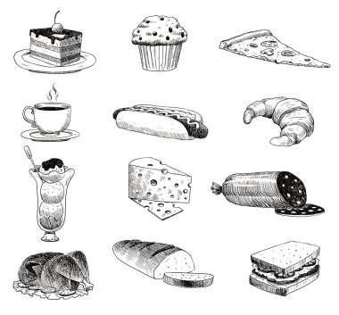 Vektör el çekilmiş gıda kroki ve mutfak doodle. Handdrawn gıda kroki ile mutfak doodle grafik retro yemek restoran yemek menü simgeleri. Akşam yemeği tasarlamak ürün madde.