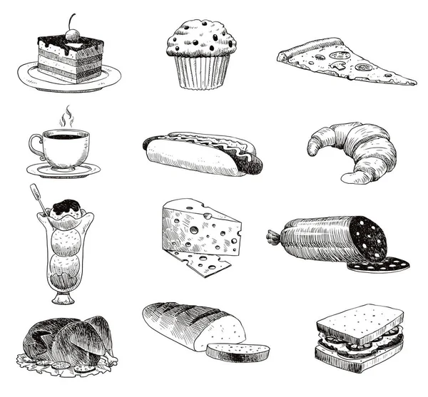 Vector hand dras mat skiss och kök doodle. Handdrawn mat skiss och kök doodle grafisk retro cook restaurang måltid menyn symboler. Middag design produkt ingrediens illustration. — Stock vektor