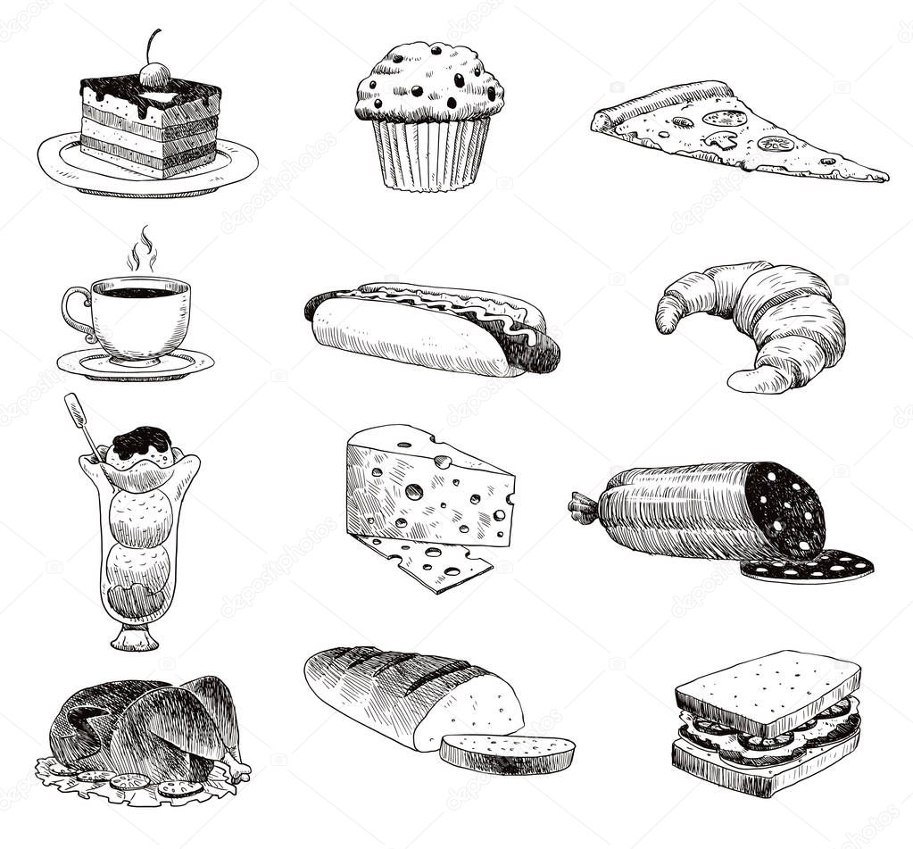 Vector hand drawn food sketch and kitchen doodle. Handdrawn food sketch and kitchen doodle graphic retro cook restaurant meal menu symbols. Dinner design product ingredient illustration.