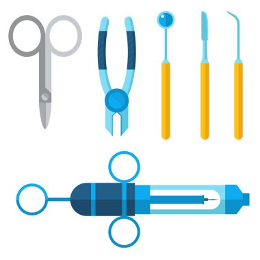 Diş hekimi tıp vektör araçları simgeler Sağlık Tıp enstrüman stomatology diş implantasyon klinik çizim.