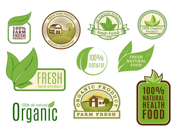 Organic vegan vector logo labels healthy food eco restaurant logo badges natura dieta prodotto illustrazione — Vettoriale Stock