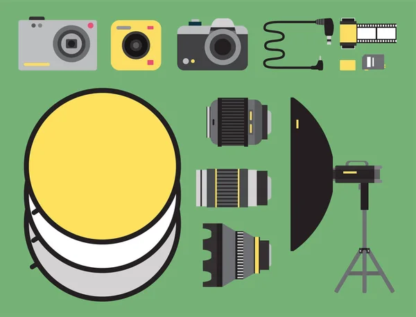カメラ写真ベクトル スタジオ アイコン光学レンズ種類客観的レトロ写真機器プロ写真見る図 — ストックベクタ
