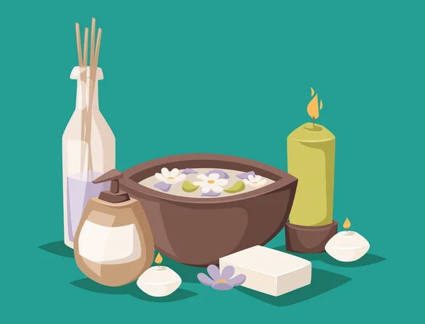Vektorové ikony léčby krásy postupy wellness spa masáže bylinné kosmetiky aroma lázní Spa kameny, ručníky a lotus flower ilustrace. — Stockový vektor
