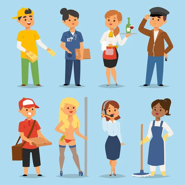 People part-time job professions vector set characters temporary job recruitment concept. Different workers or time unemployed. Young career start boys and girls part time workers opportunity looking