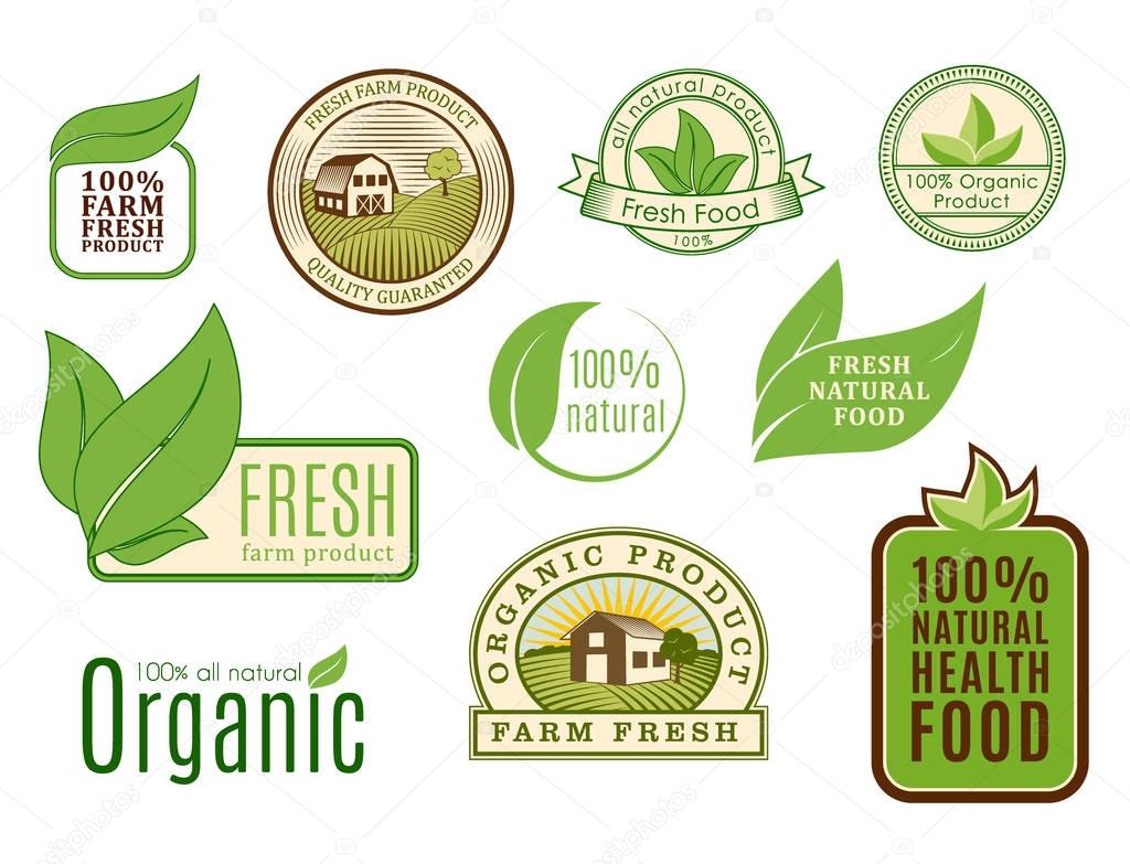 Organic vegan vector logo labels healthy food eco restaurant logo badges nature diet product illustration