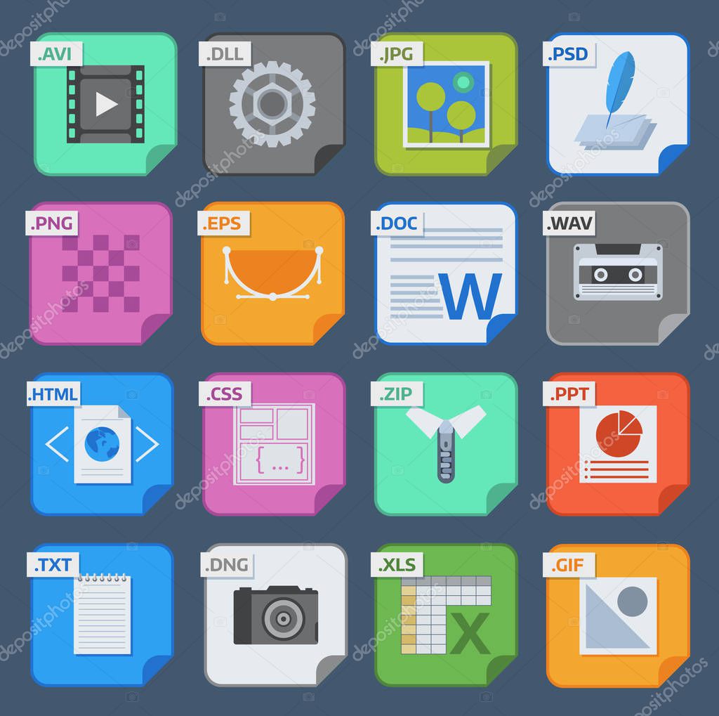 Vector square file types and formats labels icons set. File type format icons presentation document symbol. Audio extension file type icons graphic multimedia sign application software folder