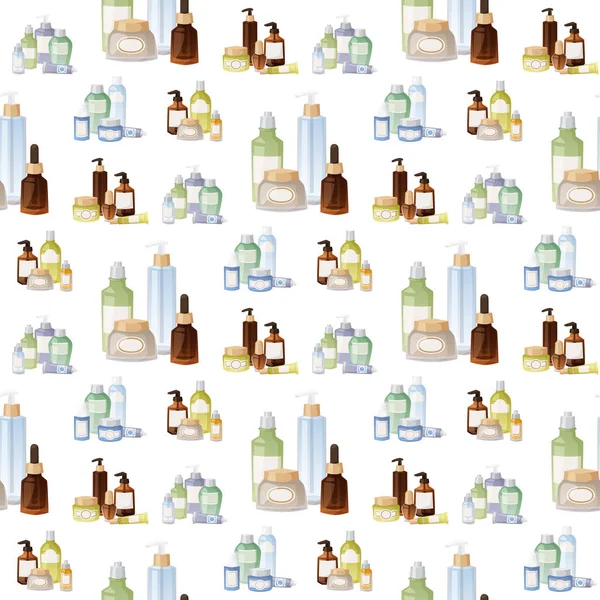 Bottles of cosmetic cosmetology lotion makeup beauty plastic liquid cream container fluid pack vector seamless pattern background illustration.