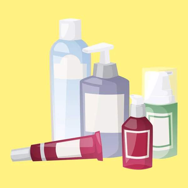 Botellas de cosmética cosmetología loción maquillaje belleza plástico líquido crema contenedor fluido paquete vector ilustración . — Vector de stock