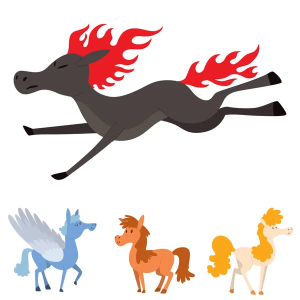 Cheval poney étalon vecteur races couleur ferme équestre mammifère domestique crinière zoo illustration de caractère . — Image vectorielle