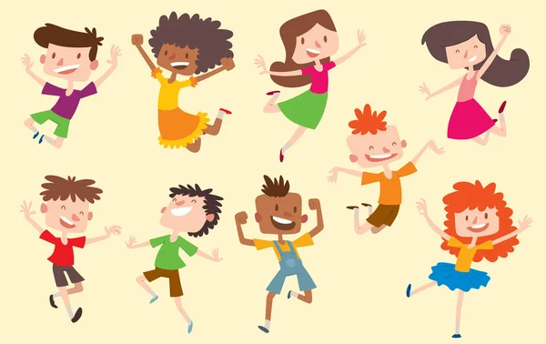 Heureux vecteur enfants enfants sautant pose mignonne collection jeunes garçons et filles. Jumping joyeux groupe d'enfants et drôle bande dessinée enfants joyeuse équipe. Rire petites personnes joie sautant personnages de mouche — Image vectorielle