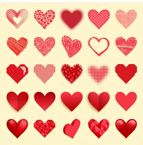Diferentes iconos vector corazón rojo amor aislado San Valentín símbolos y corazones románticos diseño boda hermosa celebrar brillante emoción encantadora pasión signo de corazón ilustración — Archivo Imágenes Vectoriales