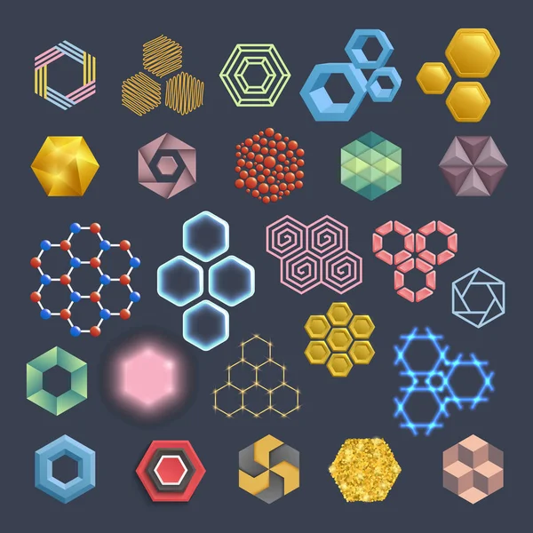 Vector hexagon icons design elements. Different honeycombs abstract icons geometric technologies honeycombs graphic set abstract hexa texture collection — Stock Vector