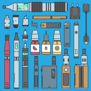 Vape vektör aygıt sigara Buharlaştırıcı buharı suyu vape şişe lezzet illüstrasyon pil bobin ayarlayın. Trend yeni kültür elektronik nikotin sıvı. Sigara vaping atomizer aygıt eliquid ayarla