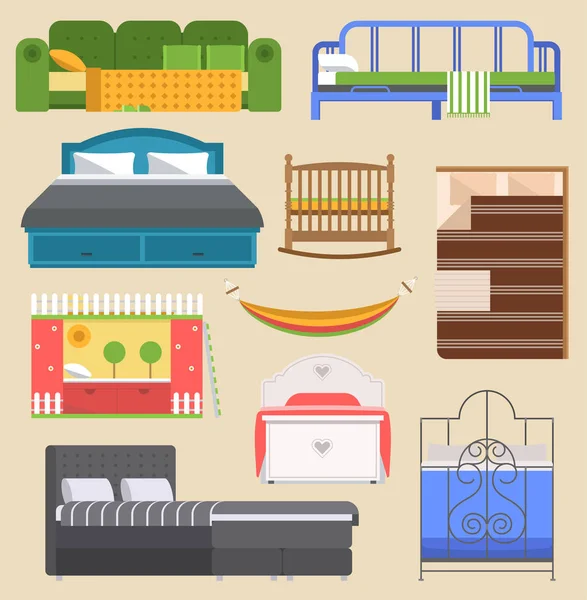 Dormitorio de diseño de vectores de muebles de cama para dormir con vista aérea cama y habitación interior confortable casa relajación apartamento decoración ilustración. Cama de noche de lujo sueño hamaca — Vector de stock