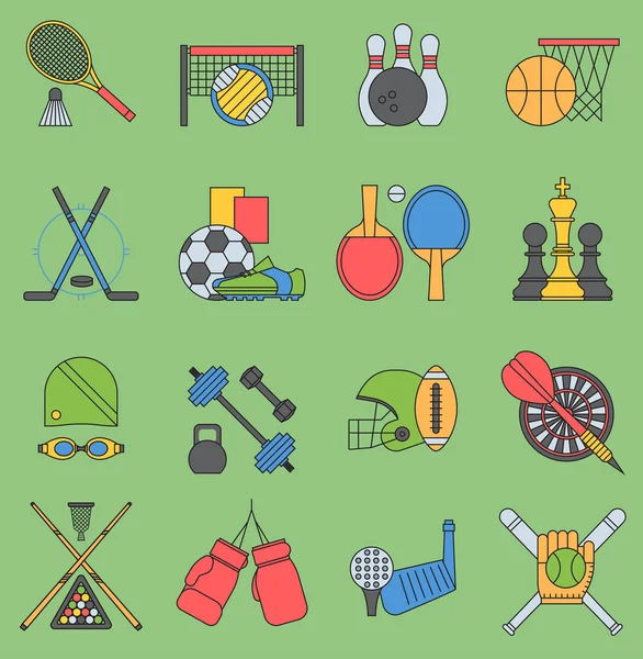 Juegos de deporte vector iconos diseño plano signo de ping pong. Iconos del deporte bolos de fútbol conjunto colección pictograma símbolo. Juego trofeo competición hockey, ajedrez, tenis, fútbol manivela actividad — Vector de stock