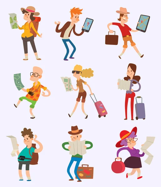 Gente vectorial turista con mapa de viajeros en busca de la dirección correcta. Viajar hombre y mujer búsqueda de riut turístico y el concepto de estilo de vida activo. Sonriendo atractivo viaje feliz personaje con mapas — Archivo Imágenes Vectoriales