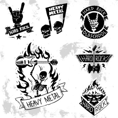 Sert rock müzik vektör rozet vintage etiket punk kafatası sembolü hard rock-n-roll ses çıkartma amblemi çizim ile