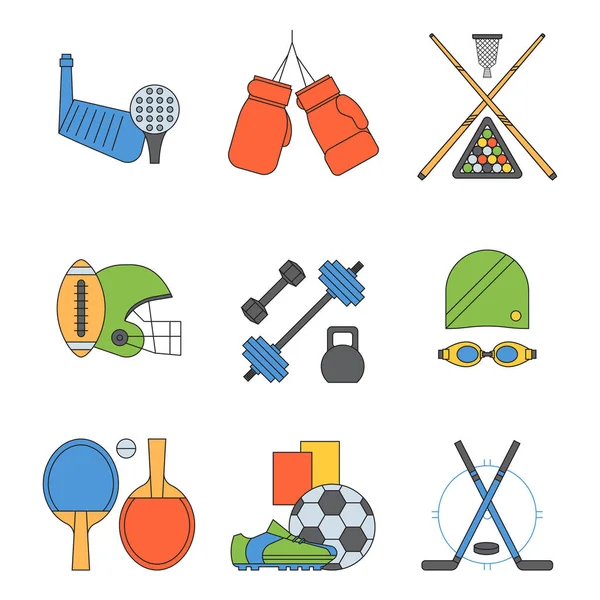 Conjunto de iconos de vectores deportivos en línea de diseño plano pictograma fitness deportistas símbolo juego trofeo competición manivela actividad ilustración. Baloncesto, fútbol, hockey, golf — Vector de stock