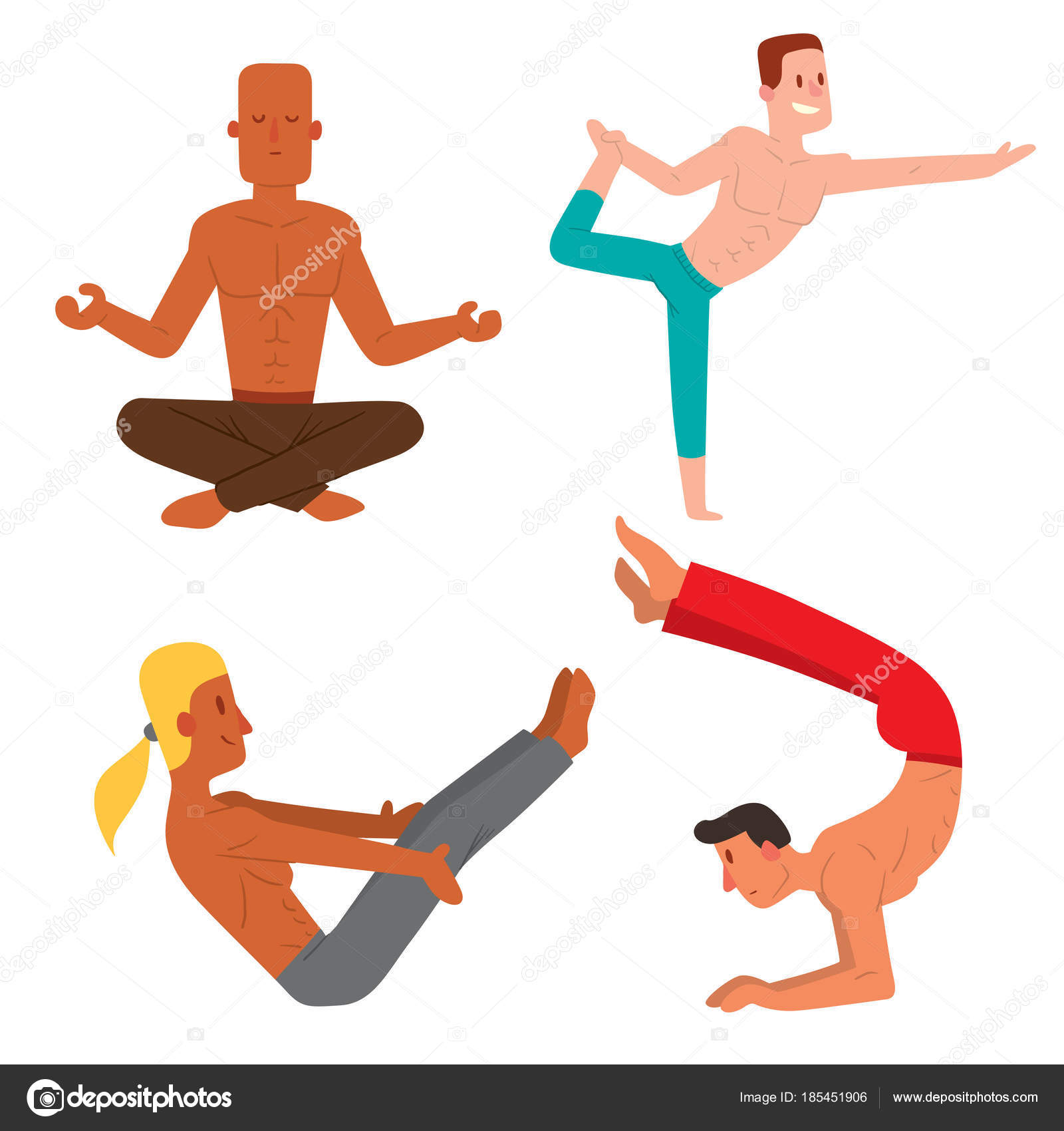 Posições de ioga homens personagens classe vetor ilustração meditação  concentração masculina paz humana esporte estilo de vida relaxamento  exercício de saúde . vetor(es) de stock de ©adekvat 185451906