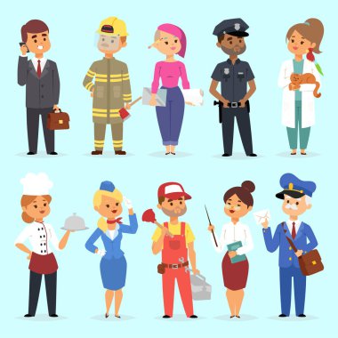 People different professions vector illustration. Success teamwork diversity human work lifestyle. Standing successful young professions policeman, doctor, fireman, chef person character in uniform clipart