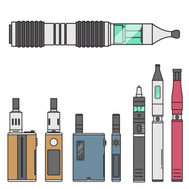 Vape aygıt vektör sigara Buharlaştırıcı buharı suyu vape şişe lezzet illüstrasyon pil bobin elektronik nikotin sıvı yasaktır atomizer aygıt e-sıvı.