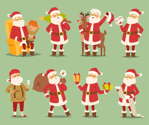Рождественский Санта-Клаус вектор персонаж разные представления иллюстрации Xmas человек красный традиционный костюм и Санта-шляпа. Забавный человек традиционный Санта Клаус с Рождеством декабрь праздник персонаж — стоковый вектор