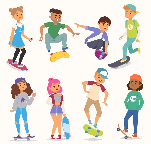 Skateboard vettore giovani ragazzo e ragazza personaggi impostare elegante bambini illustrazione skate board attività dei cartoni animati trucchi. Estrema velocità di attività bambini bambini persone saltare skateboard personaggi impostati — Vettoriale Stock