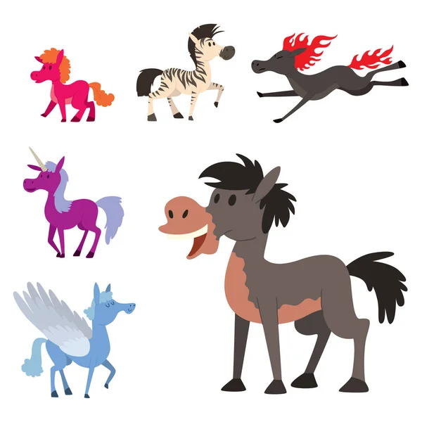 Cheval poney étalon vecteur races couleur ferme équestre mammifère domestique crinière zoo illustration de caractère . — Image vectorielle