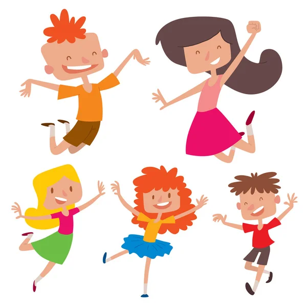 재미 있는 만화 아이 작은 사람들 문자 웃 고 즐거운 팀 및 큰 다른 위치에 행복 한 아이 들 벡터 명랑 자식 그룹 점프. — 스톡 벡터