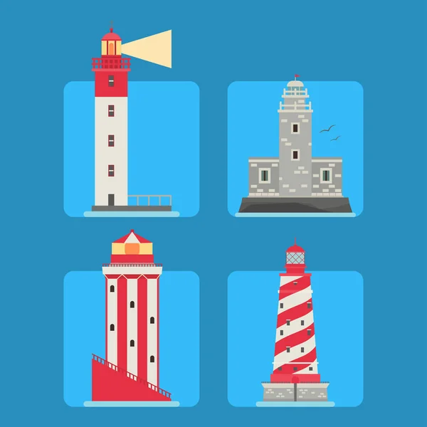 Lighthouses vector flat searchlight towers for maritime navigation guidance ocean beacon light safety security symbol illustration.