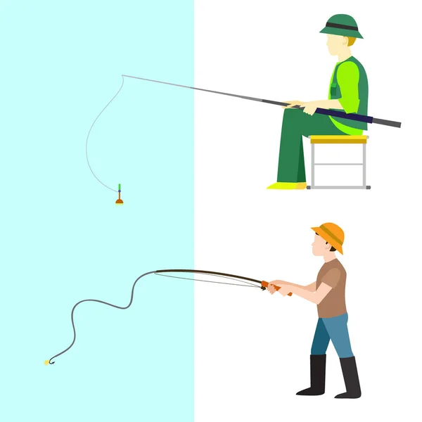 Fishing fishermen vector catches fish fisher threw rod into water catch and spin, man pulls net out of the river character vector illustration — Stock Vector