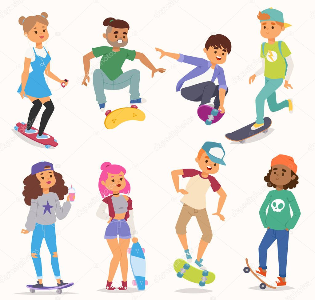 Skateboard vector young people boy and girl characters set stylish kids illustration skate board cartoon activity tricks. Extreme activity speed child kids people jumping skateboard characters set