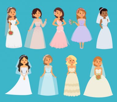 Düğün Gelin kız karakter beyaz elbise illüstrasyon vektör. Kutlama moda kadın karikatür kız beyaz elbise. Romantik töreni kadın elbise evlilik seviyorum güzel gelin