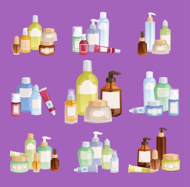 Kozmetik Şişeler şablon vektör paketi kozmetik makyaj güzellik malzemeleri ve krem Konteyner aile içi sıvı şişe plastik deterjan sıvı losyon paketi Kozmetik Şişeler vektör çizim