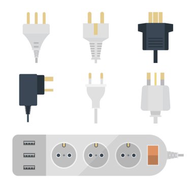 Elektrik fişleri yığını çıkış illüstrasyon enerji soketi elektrik prizi takılan Avrupa ve ABD, Asya cihaz iç simgesi. Tel kablo kablosunu tak-bağlantı elektrik prizi takılan Çift Kişilik Amerikan