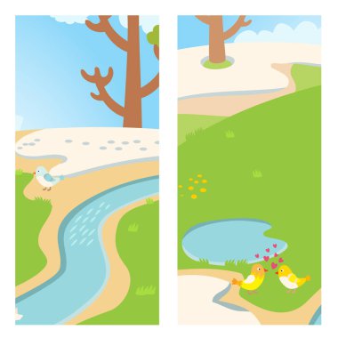 İki güzel kuşlar bahar sokak açık doğa kart ağaç ve çift vektör ile kalpleri sarı kuşlar bahar su birikintisi, ot, ağaç illüstrasyon ile öpüşme aşk uçmak hayvan aşık